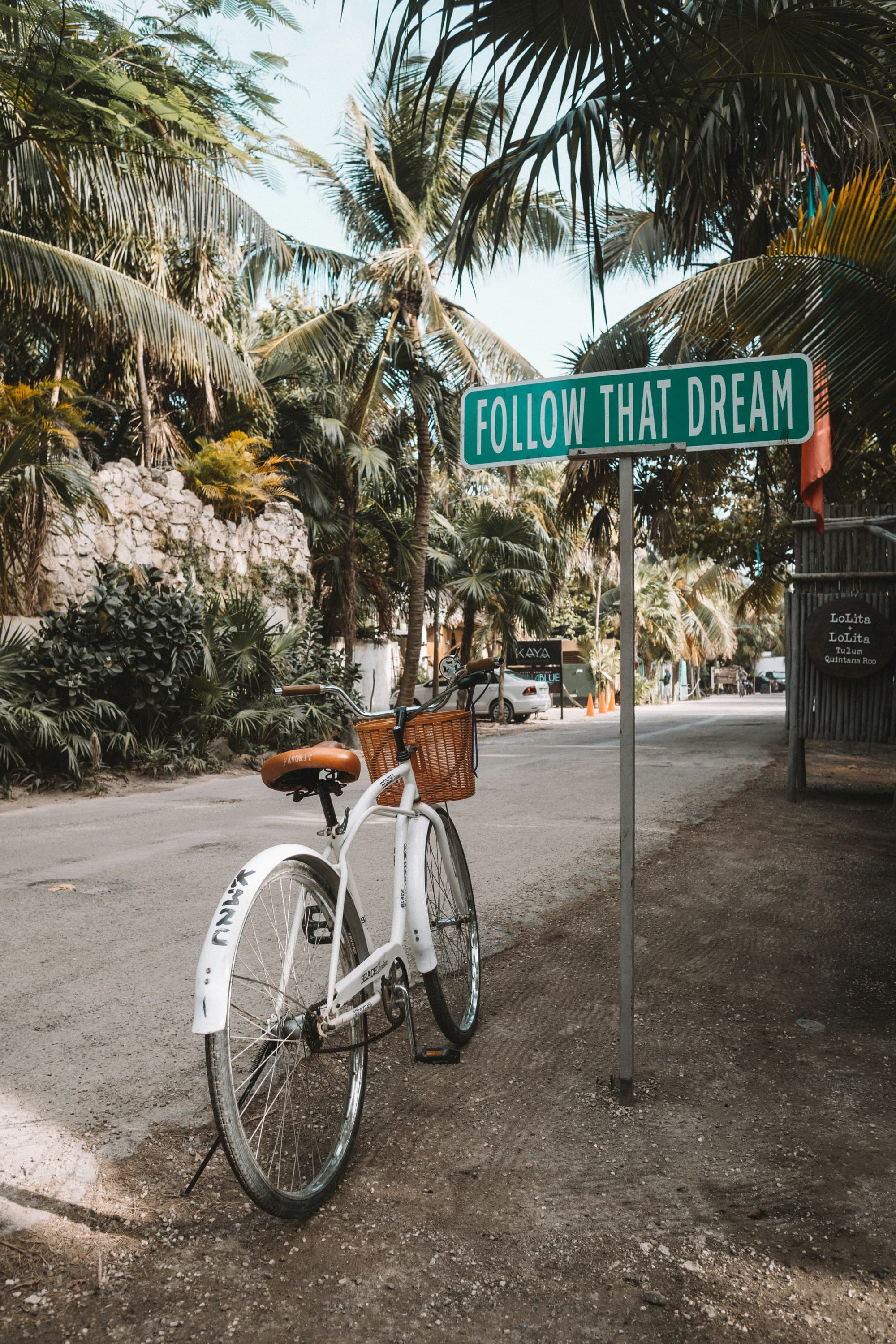 A bike parked under a street sign with palm trees in the background.