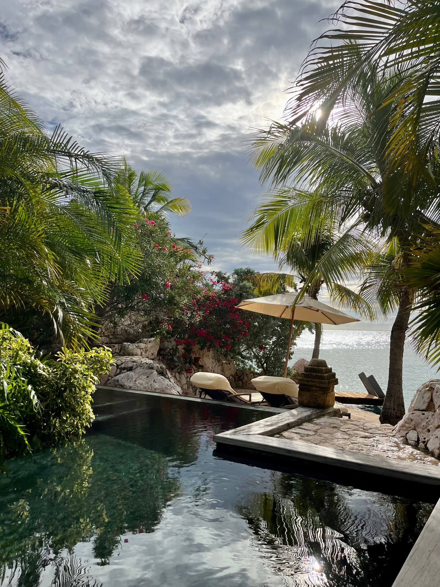 A pool area surrounded by trees and greenery during a cloudy day