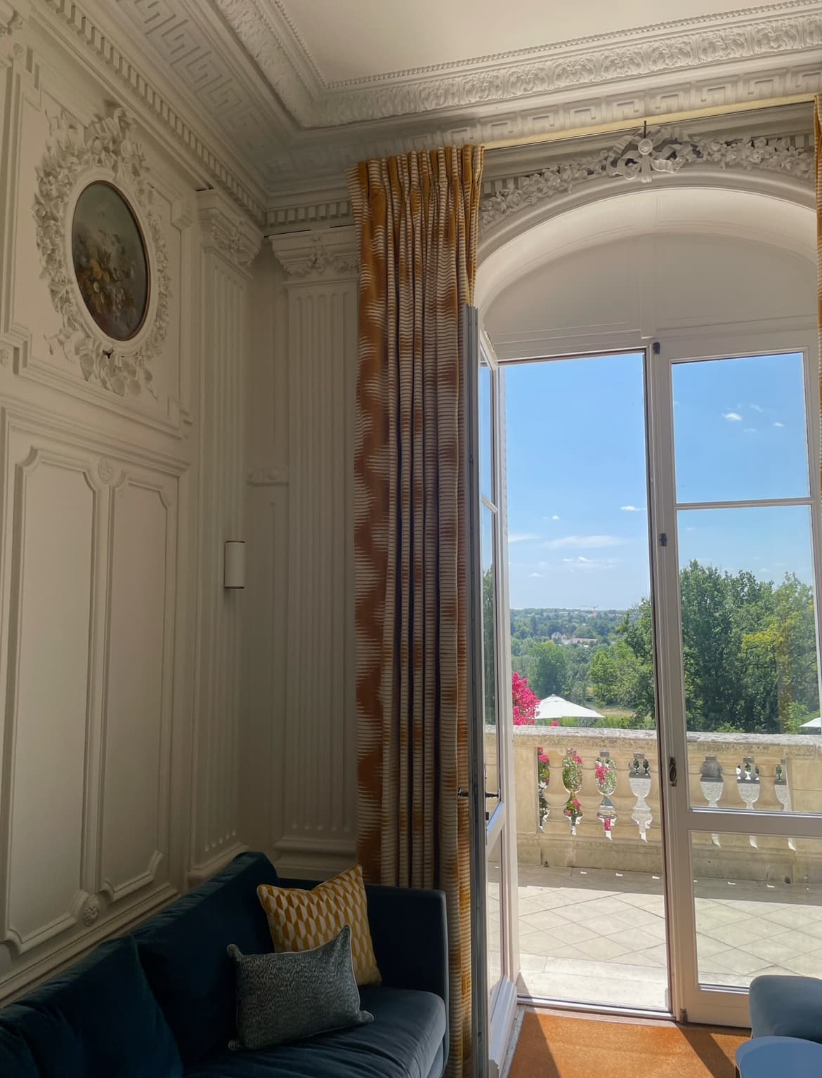 View of a hotel room glass balcony door