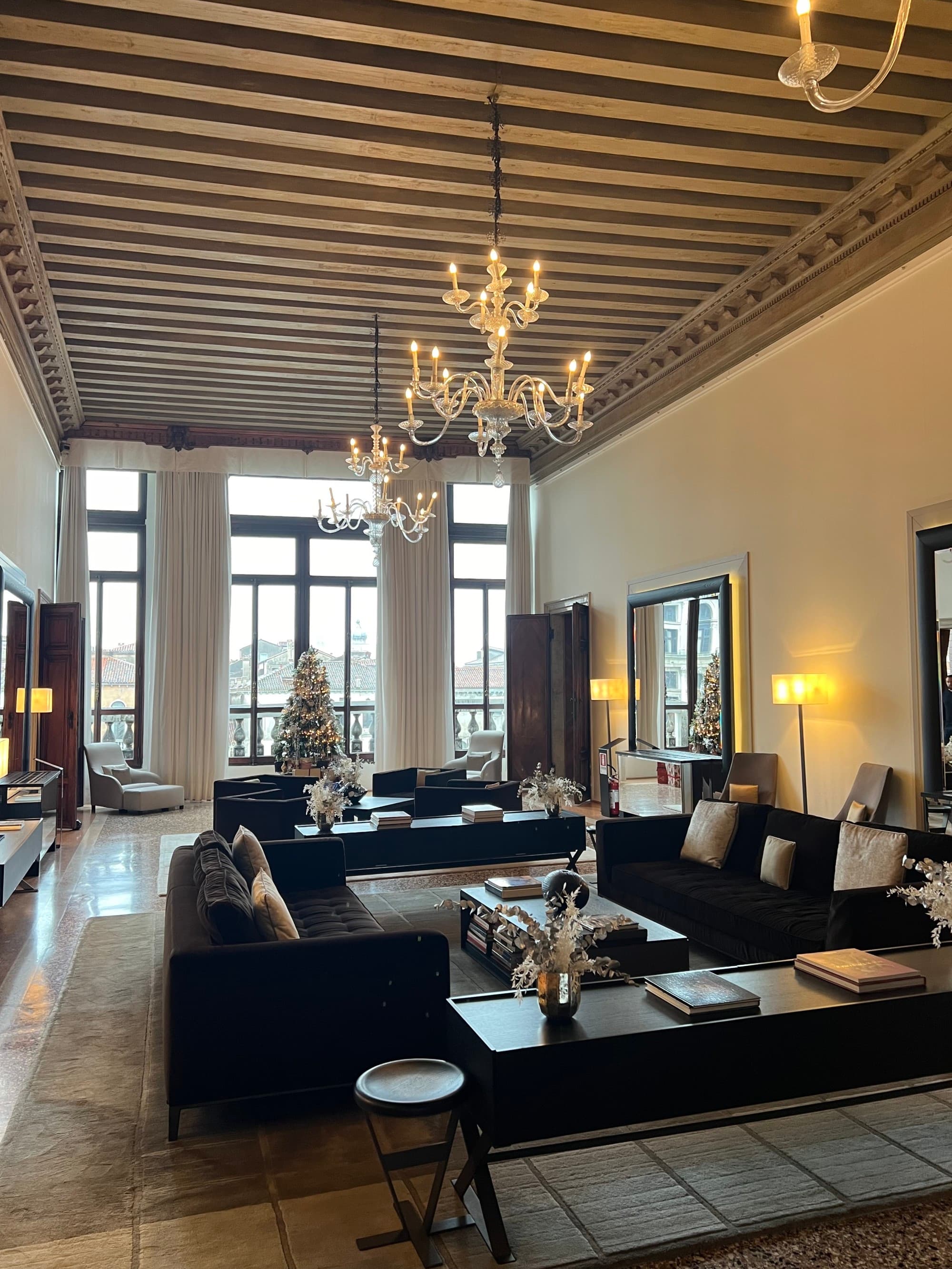 An ariel view of a hotel lounge.