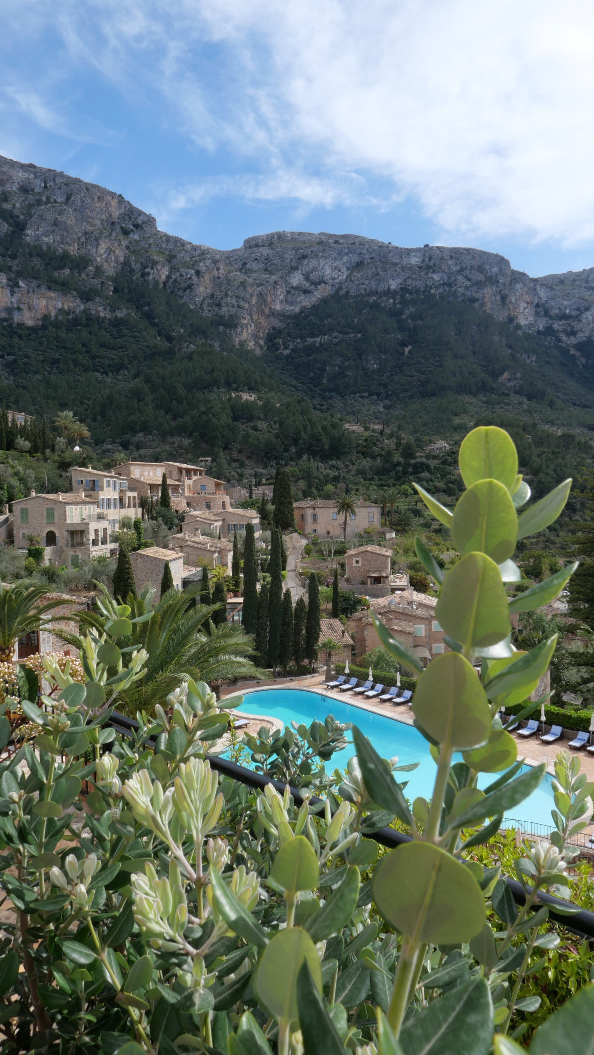 aerial view of a swimming pool amid a lush mountain landscape