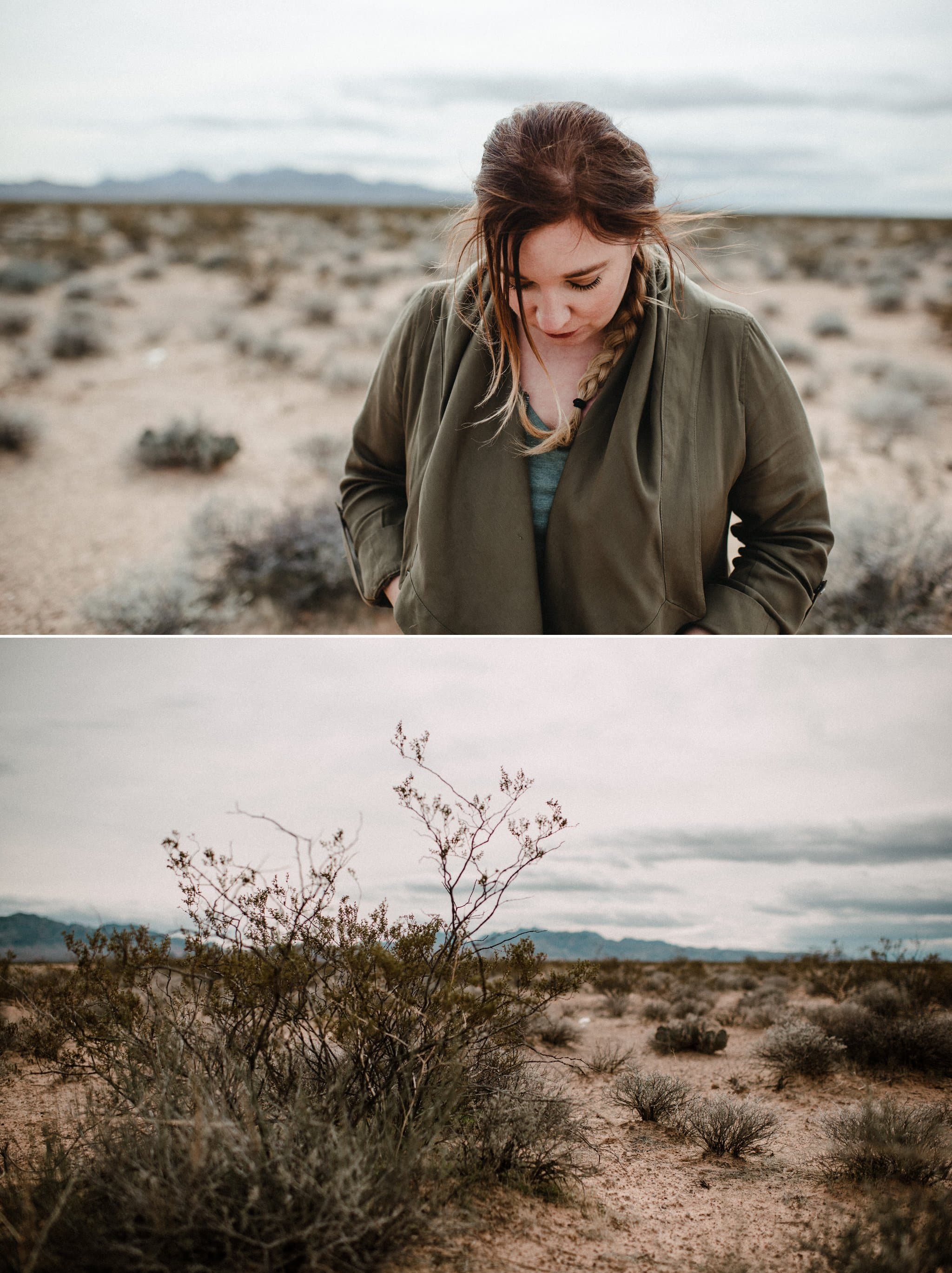 Jaimie is bowing her head in the Valley of Fire State Park on a cloudy day.