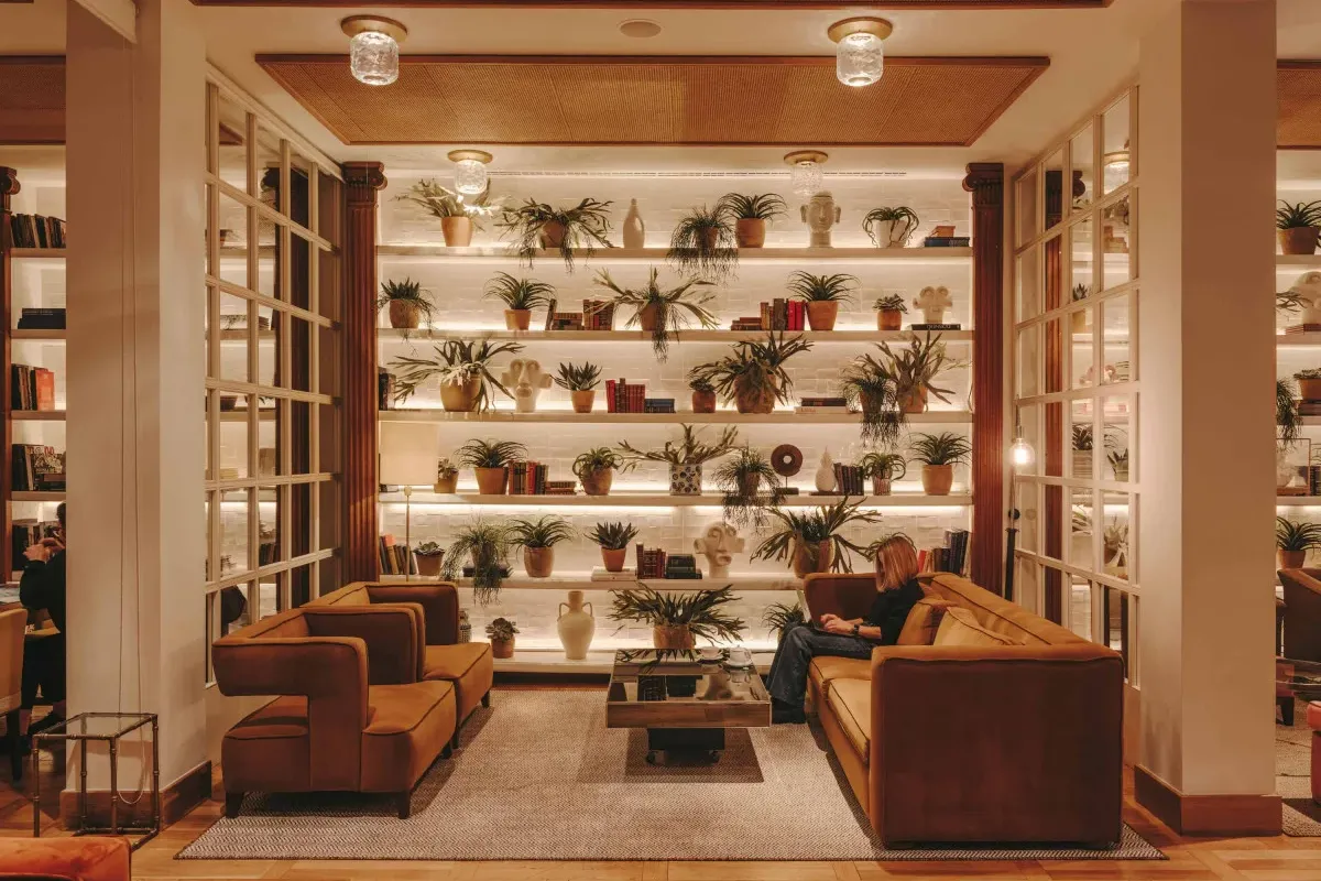 brown chairs and a couch in front of an illuminated tiered shelf filled with plants