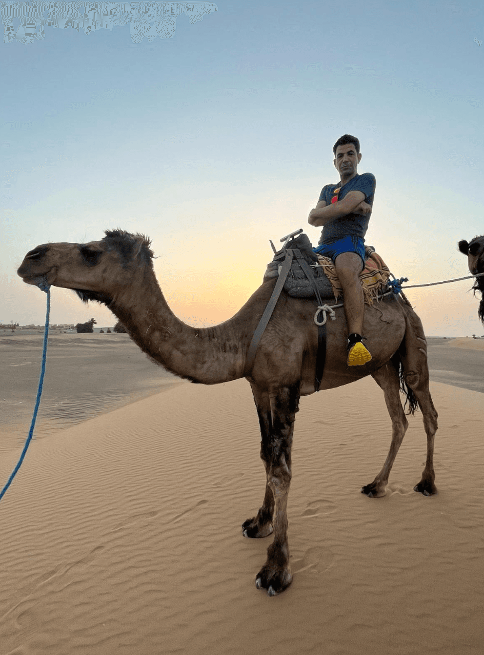 A man riding a camel in the desert. He has his arms crossed and the sun is rising behind him.