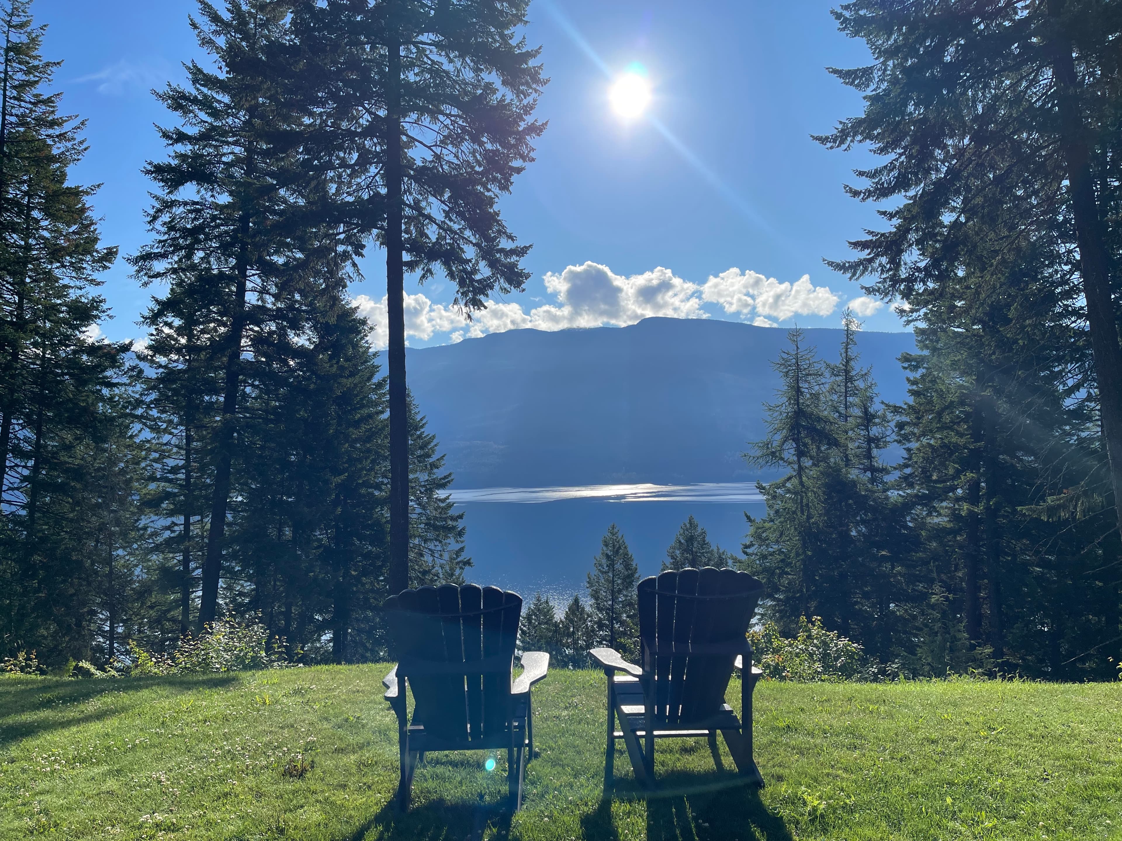 Beautiful view of two chairs on the grass in front of pine trees, lake and mountains