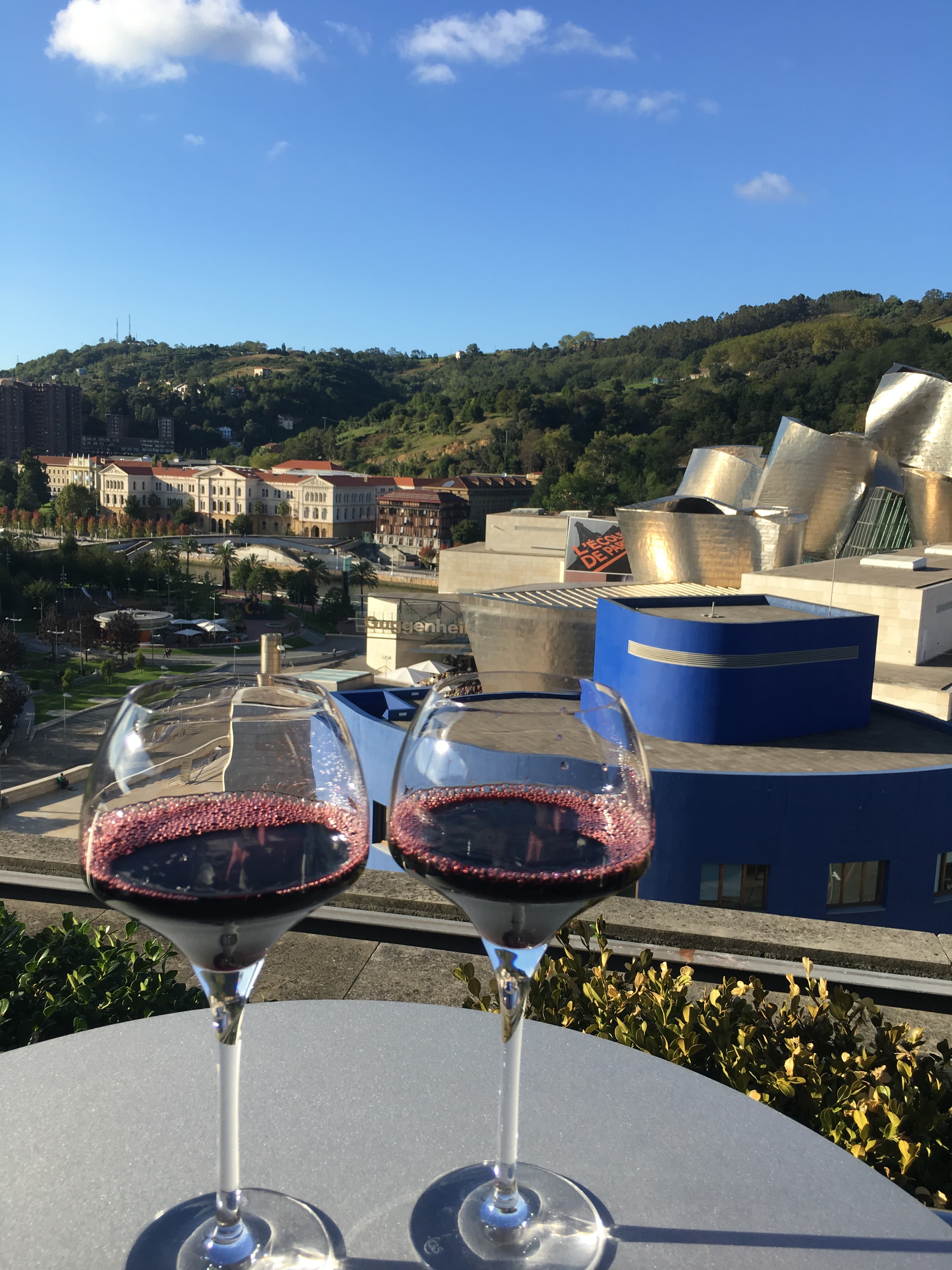Close-up view of two glasses of red wine on a table overlooking a beautiful countryside view