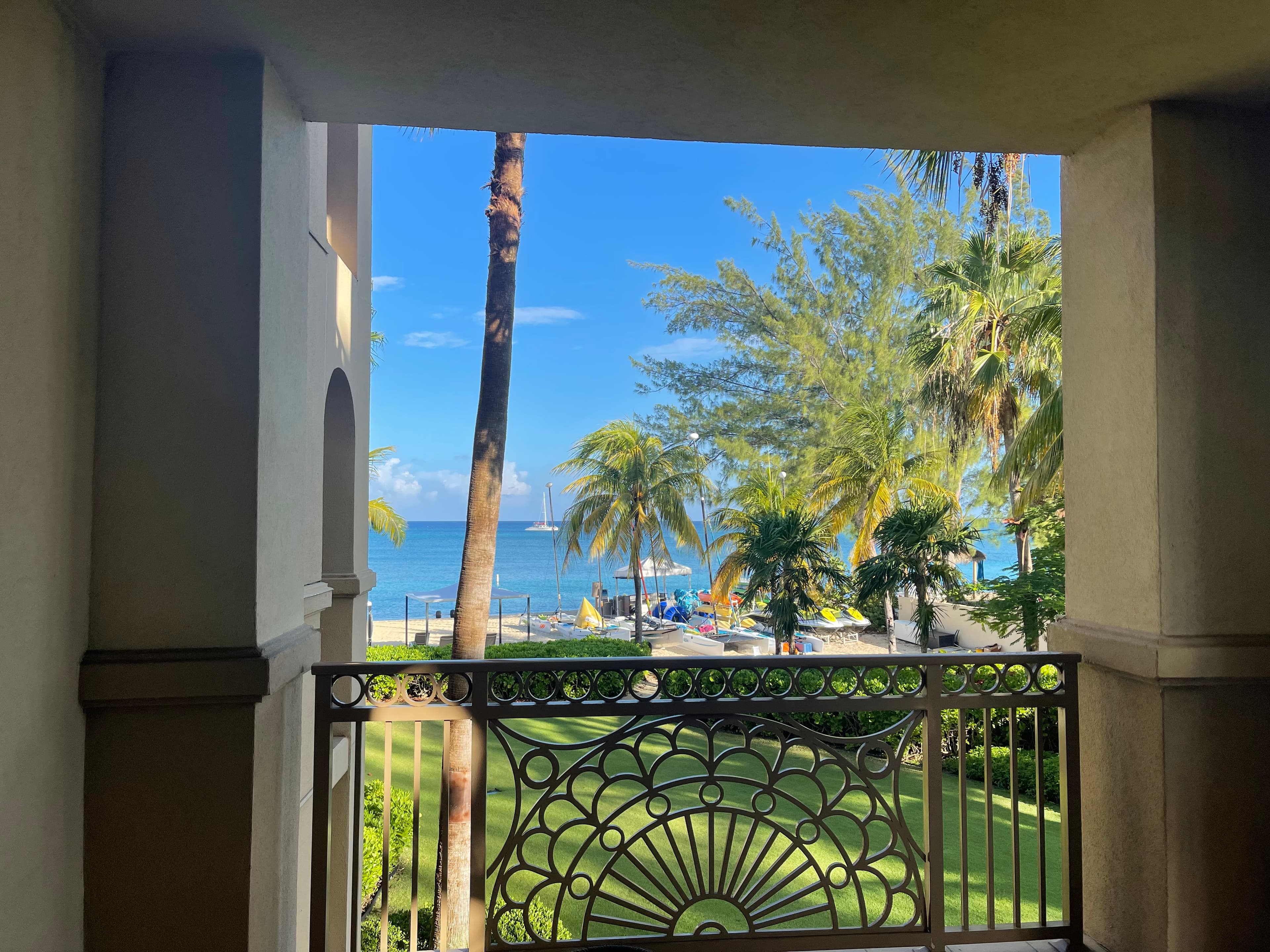 View from a balcony of a lawn with palm trees and the ocean with boats in the distance