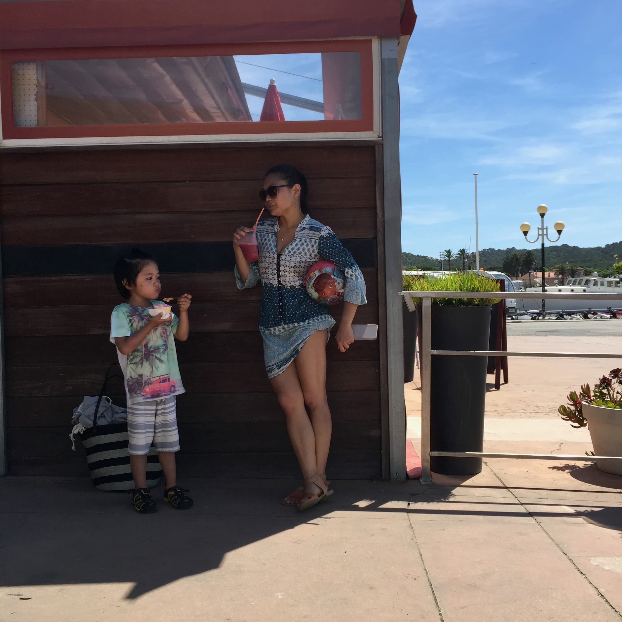 Hanging out in the shade with son
