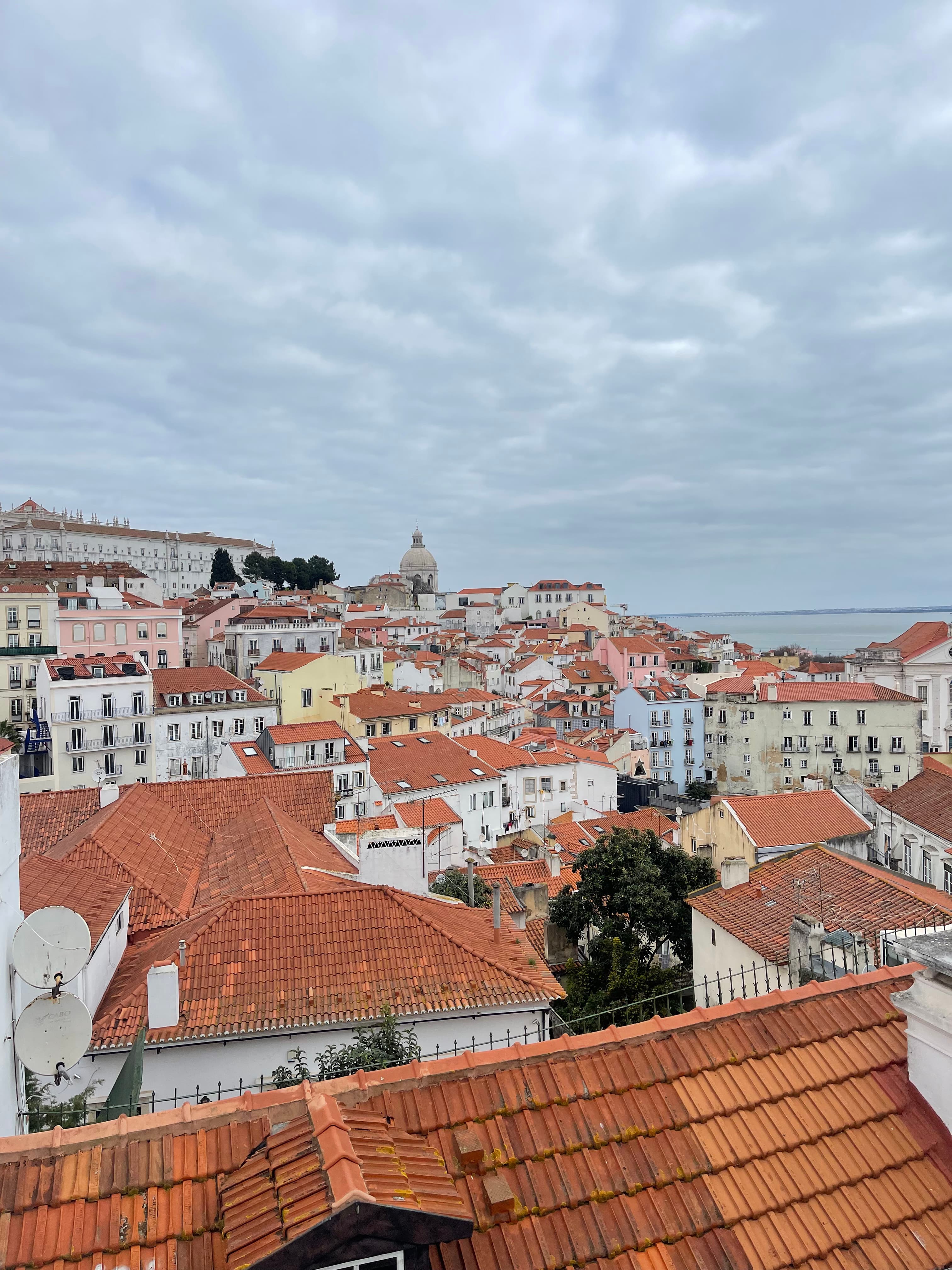 City view of roofs and colorful buildings on a slope downwards