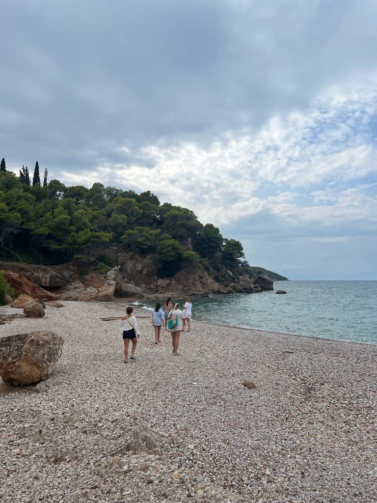 A view of people walking down a beach with a tree filled cliff in the background.