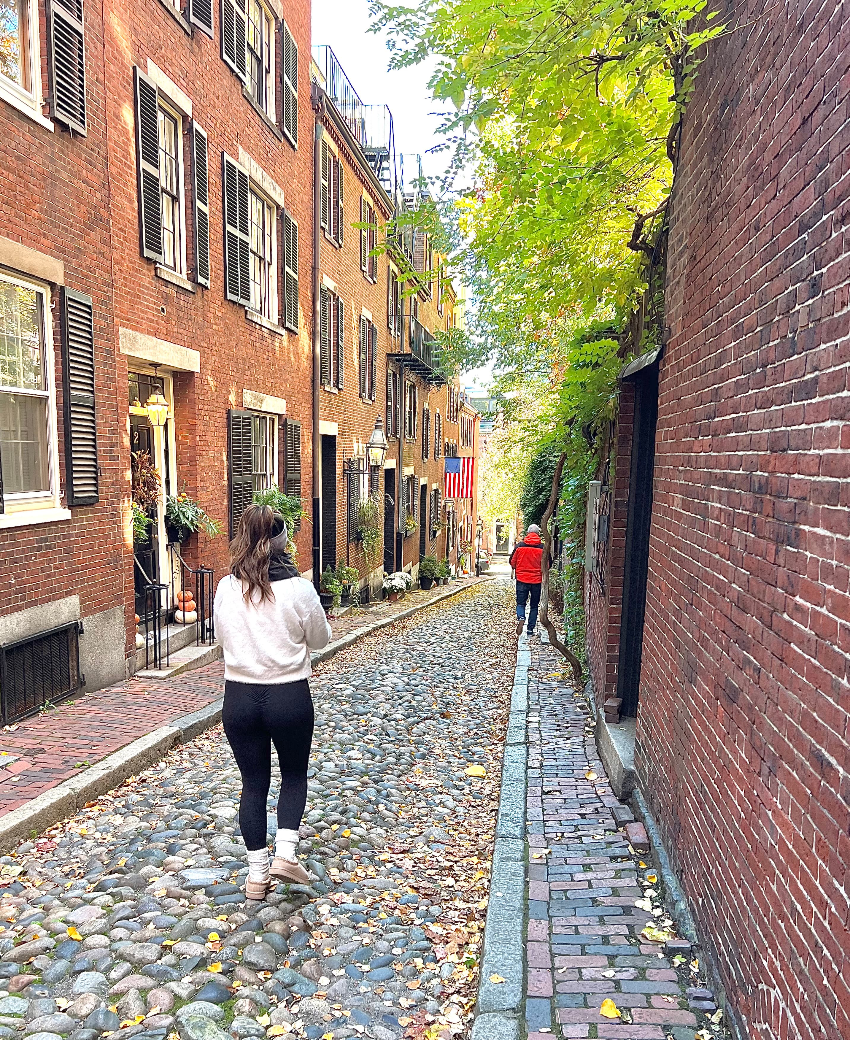 A brick road with two people walking down it. There are brick walls, black shutters, planters and trees in the surrounding areas.