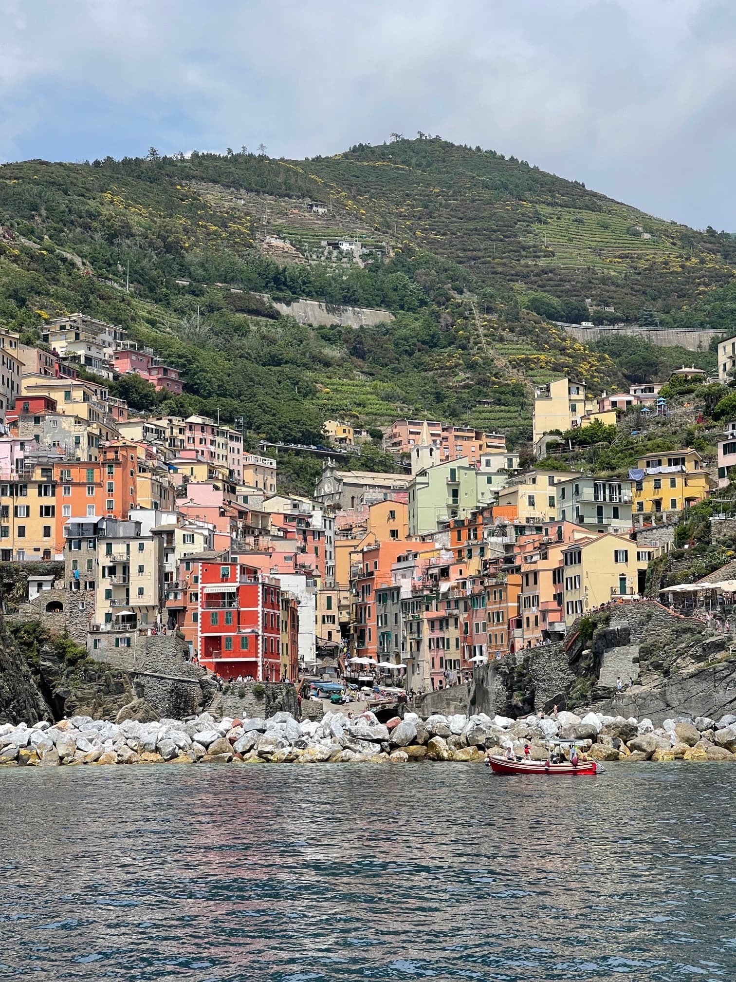 View of Manarola in Italy, with colorful houses on a hillside next to water.