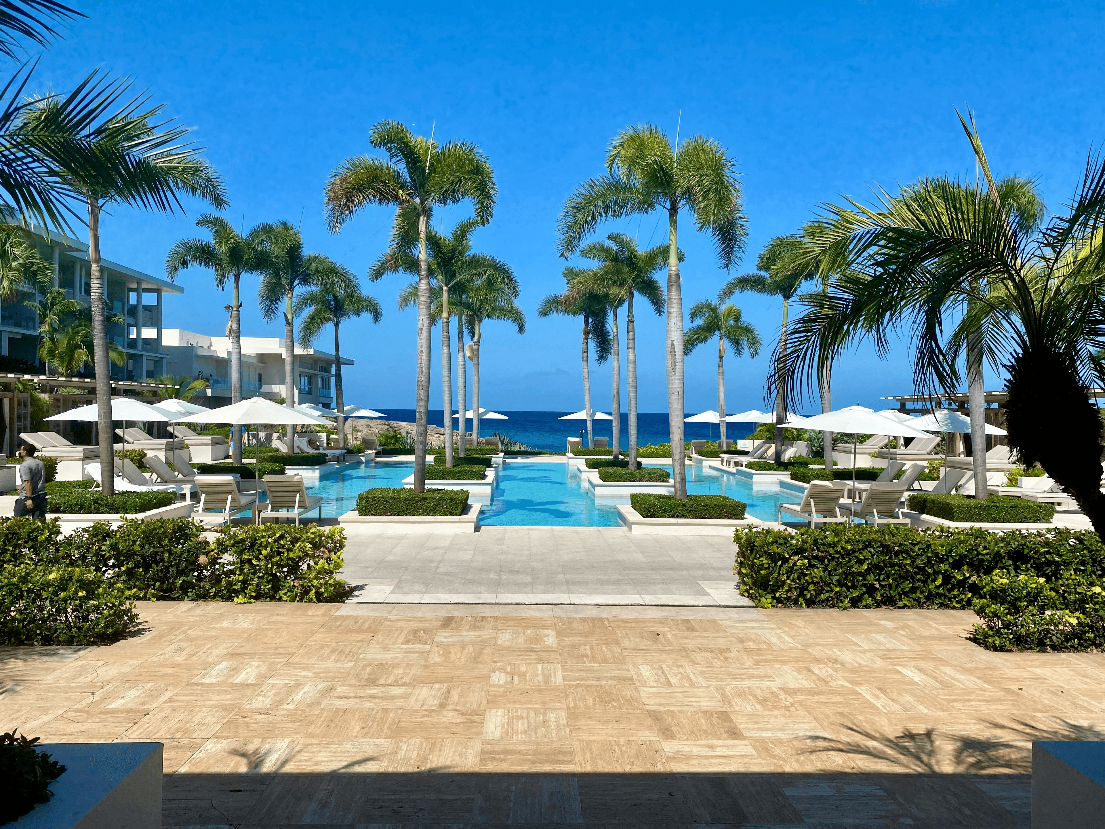 Beautiful view of the pool area with palm trees, white umbrellas and sun loungers