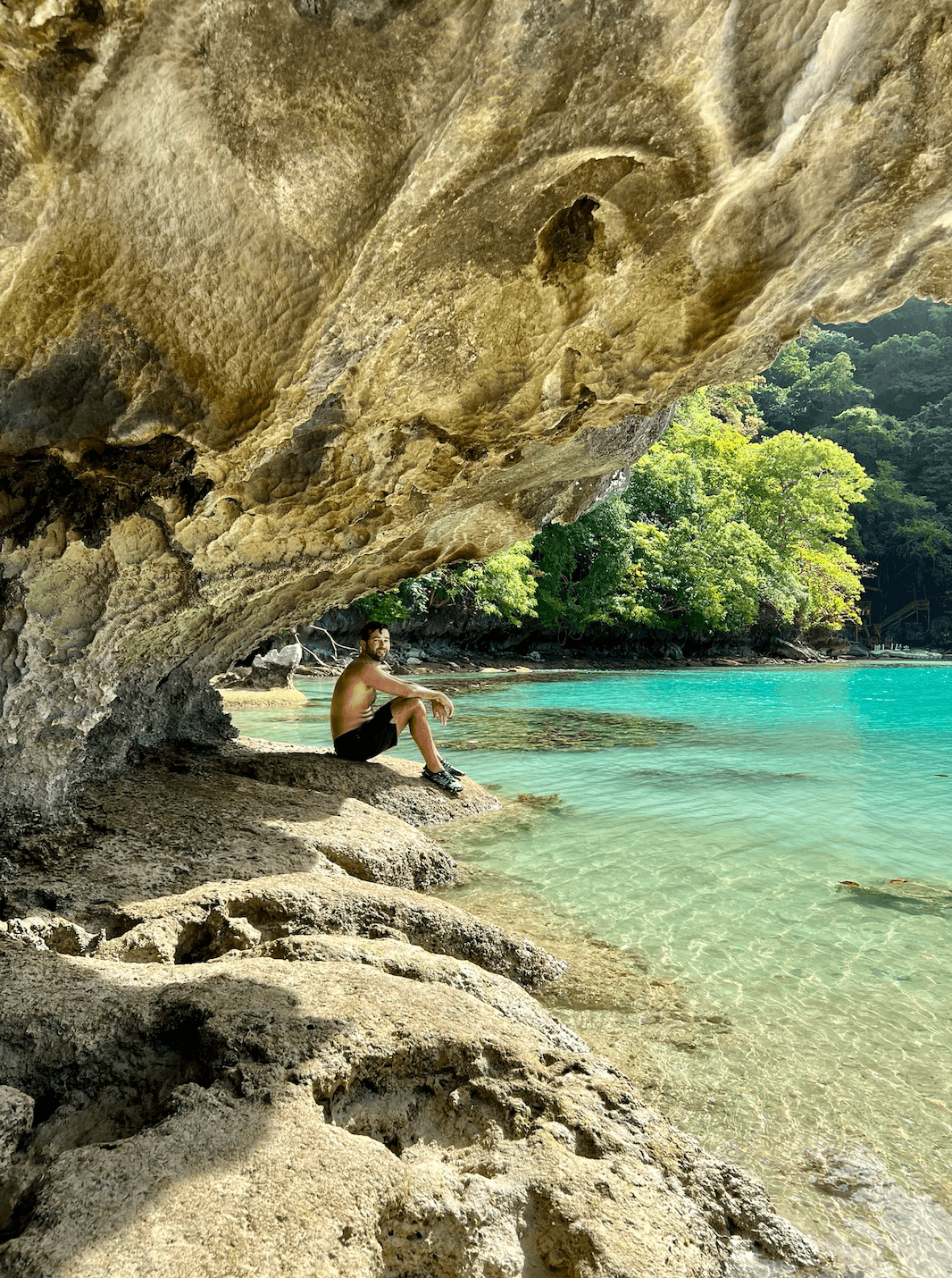 A man sitting inside of a rocky cave near a bright, blue cove full of crystal-clear water. There is a bright green tree in the background too.