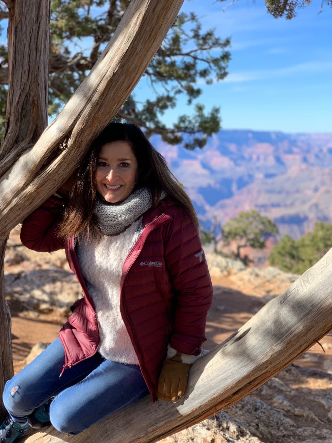 Picture of Elyse sitting on a tree branch