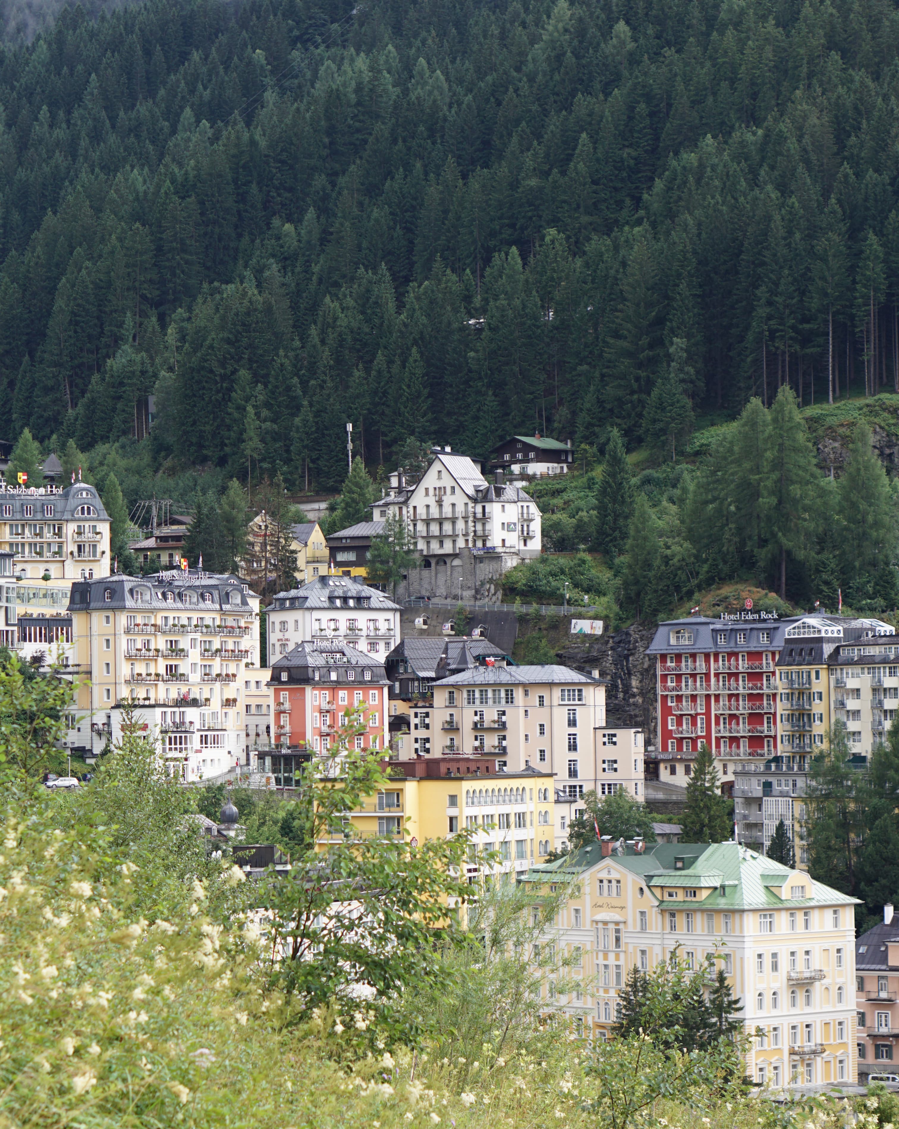 View with tall buildings set on a forested hillside.