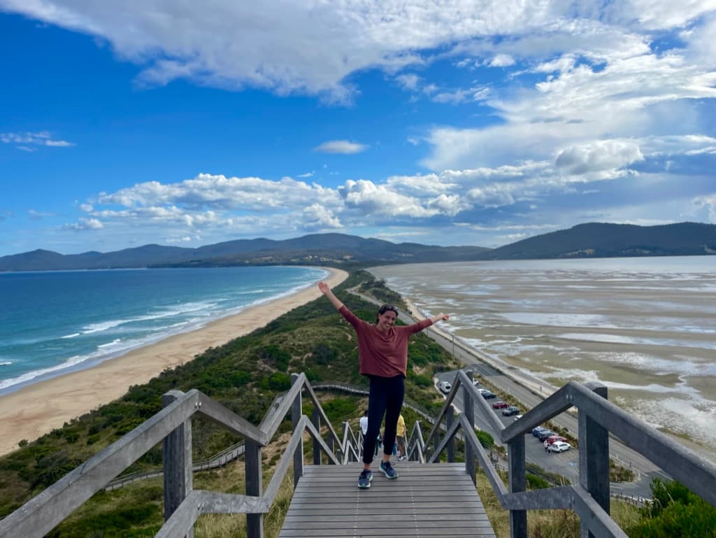 Posing for a picture on the Neck at Bruny Island