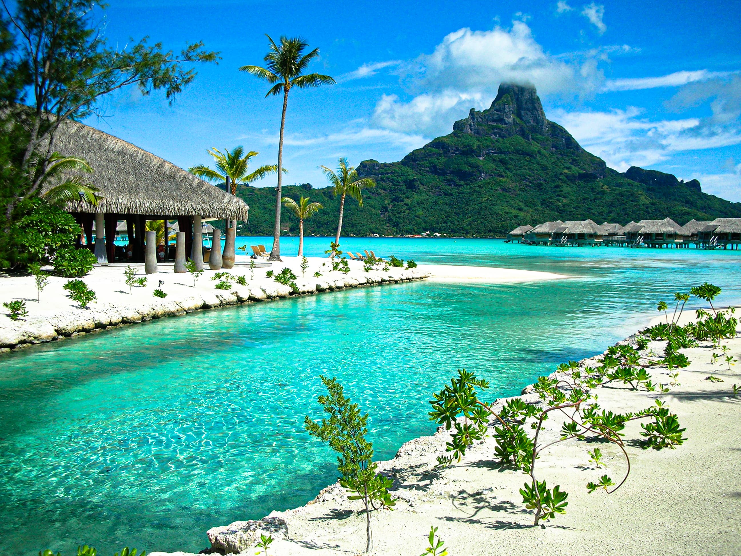 A beautiful view of bora bora beach resort