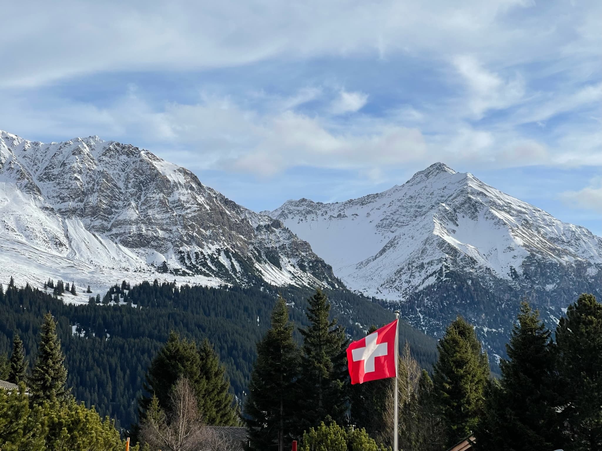 View of Swiss flag and mountains