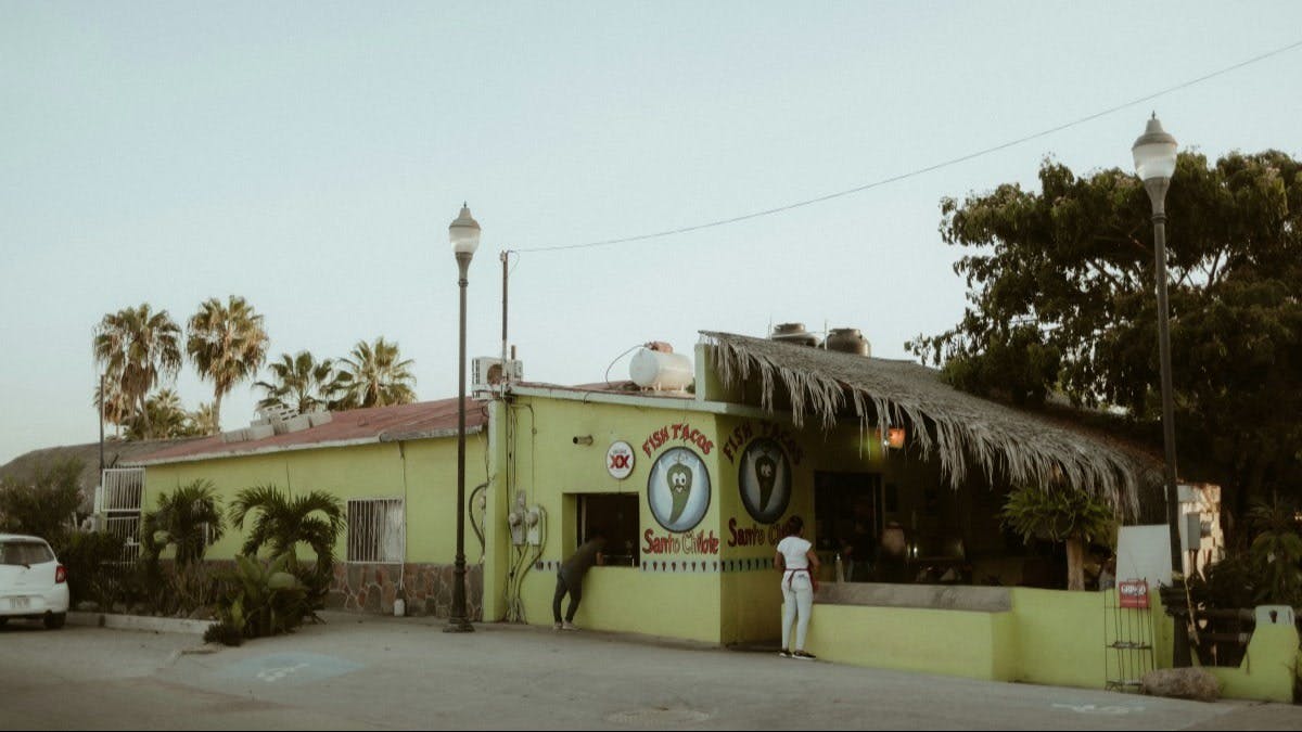 Light green restaurant with a Fish Tacos sign and a section with a straw roof, and palm trees in view