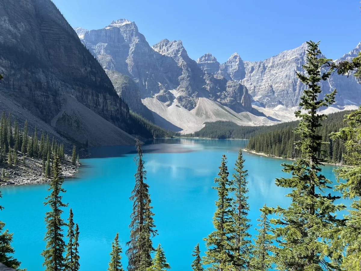 A beautiful view of Moraine Lake with trees and mountains in view