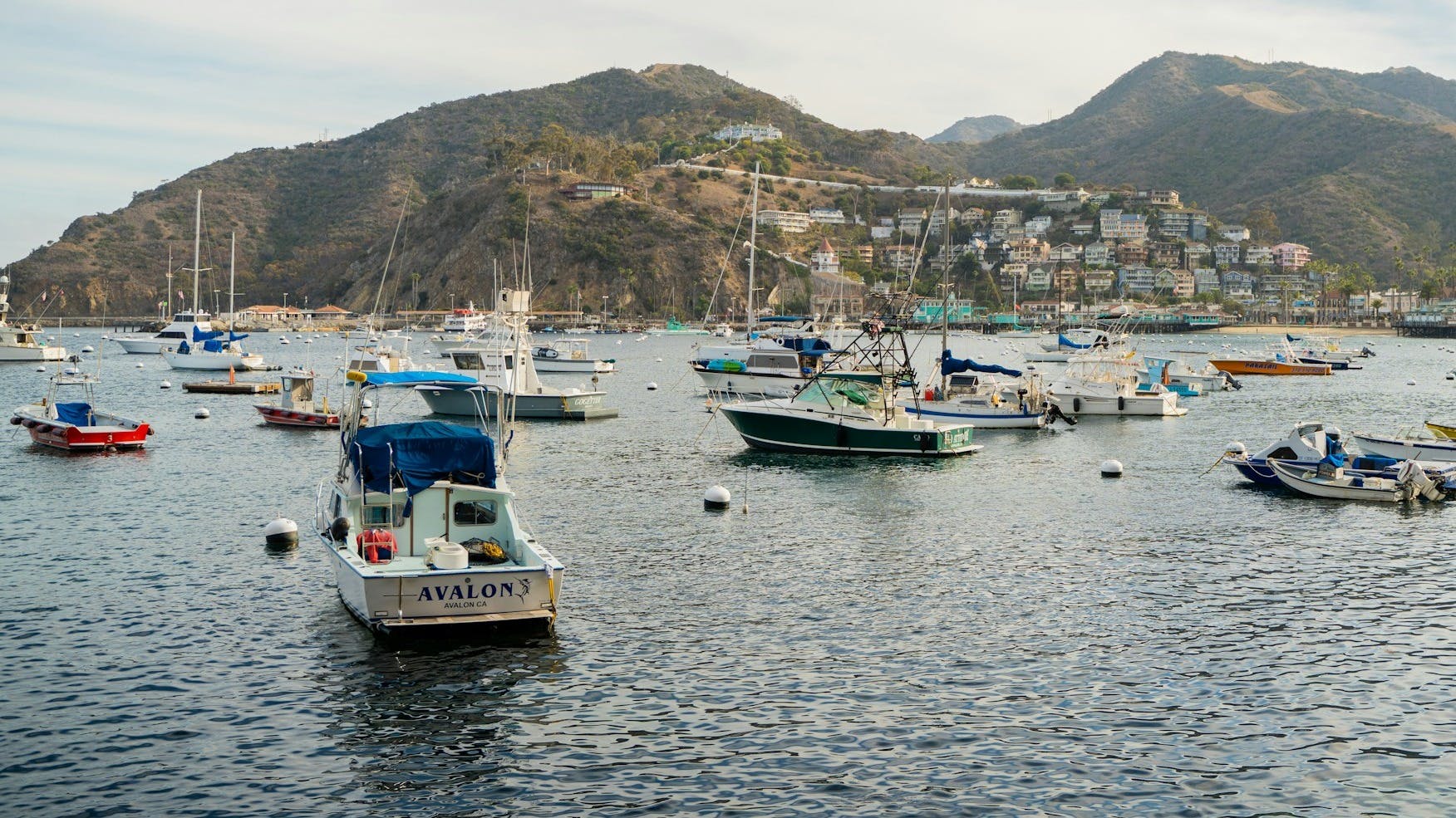 A view of many boats anchored in the ocean with hills in the background with buildings