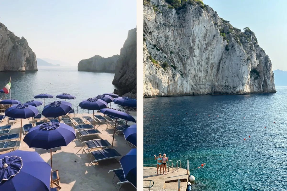 A collage of two photos - Left: A beach club during daytime, right: a large cliff off of the coast