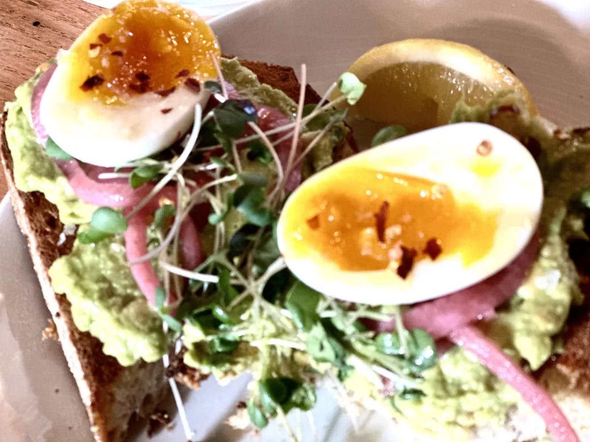 A plate of avocado toast, eggs, pickled onions and micro greens. 