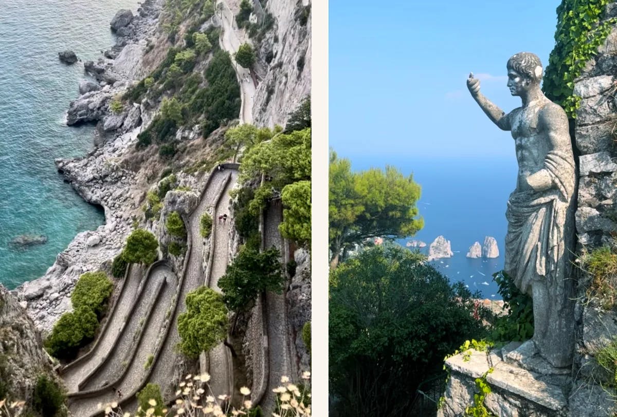 A collage of two photos taken during the day time - Left: a winding road down a cliffside, Right: a statue of a person on a cliffside