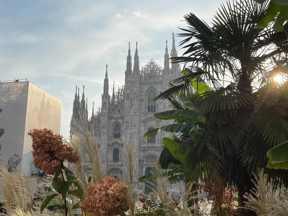 A view of the stunning duomo in Milan behind palm leaves and flowers. 