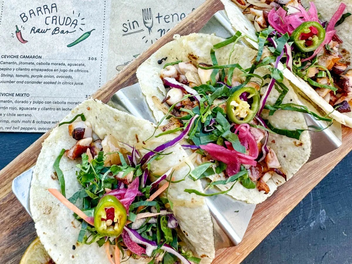 Three tacos on a tray.