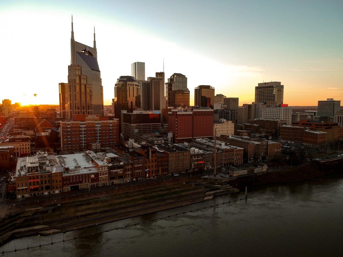 Skyline of Nashville Tennessee during sunset. 
