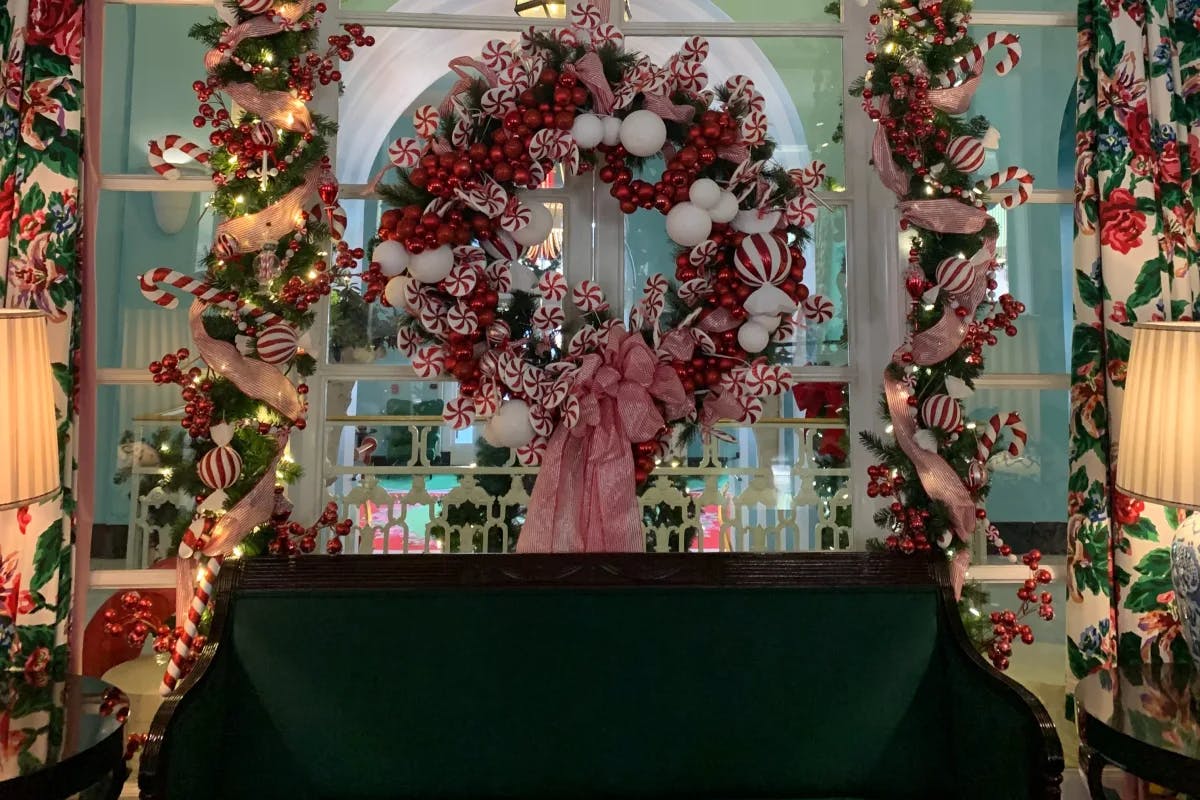 Greenbrier interior window decorated for Christmas.
