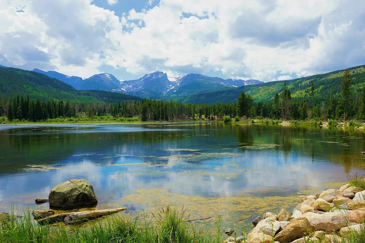 A view of a reflective lake surrounded by rocks, wild grass, trees, green rolling hills and rocky mountains in the distance beneath a cloudy blue sky. 