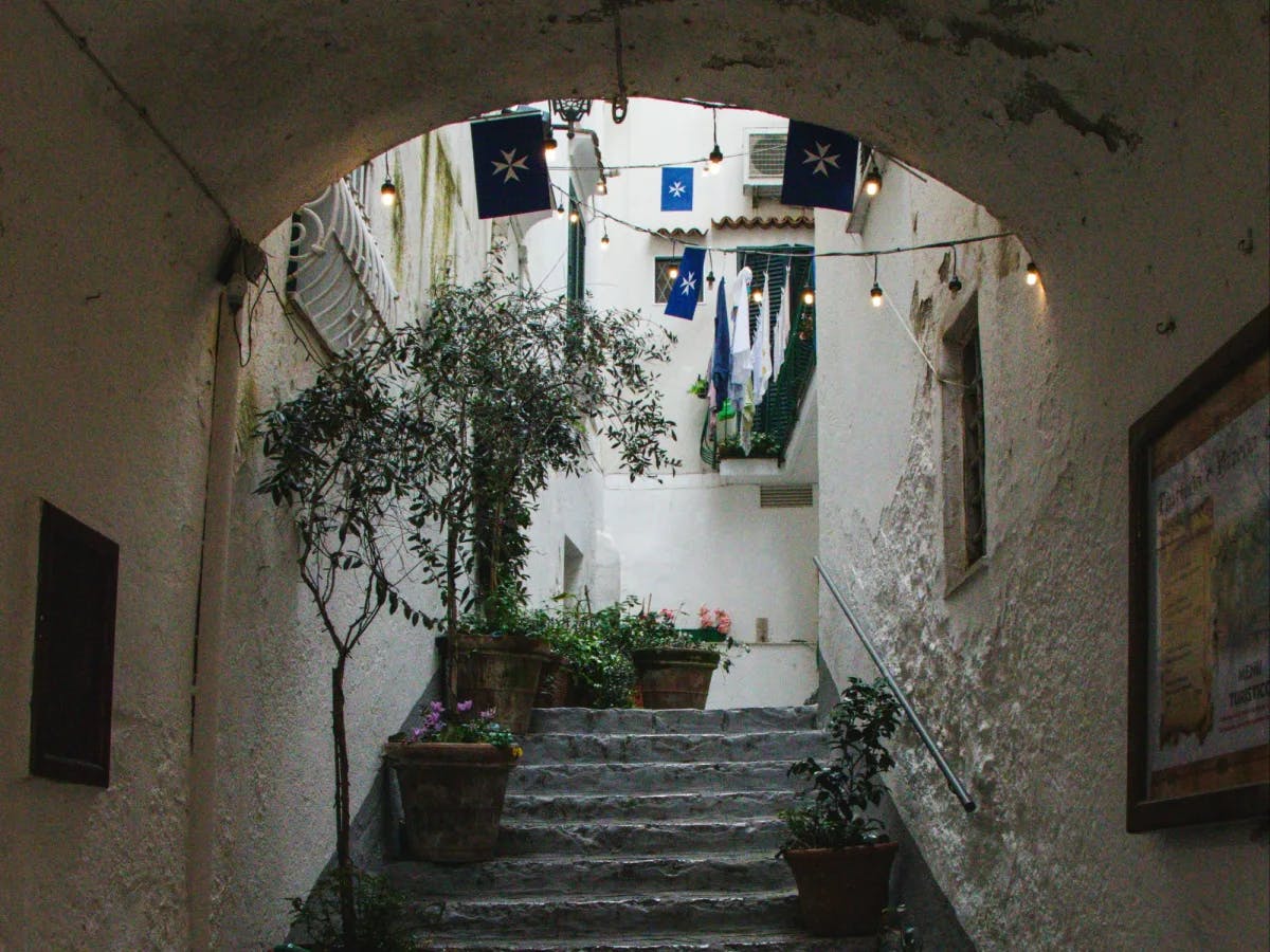 A view of an Italian town alleyway with a stone staircase lined with potted plants, string lights and beautiful stonework. 