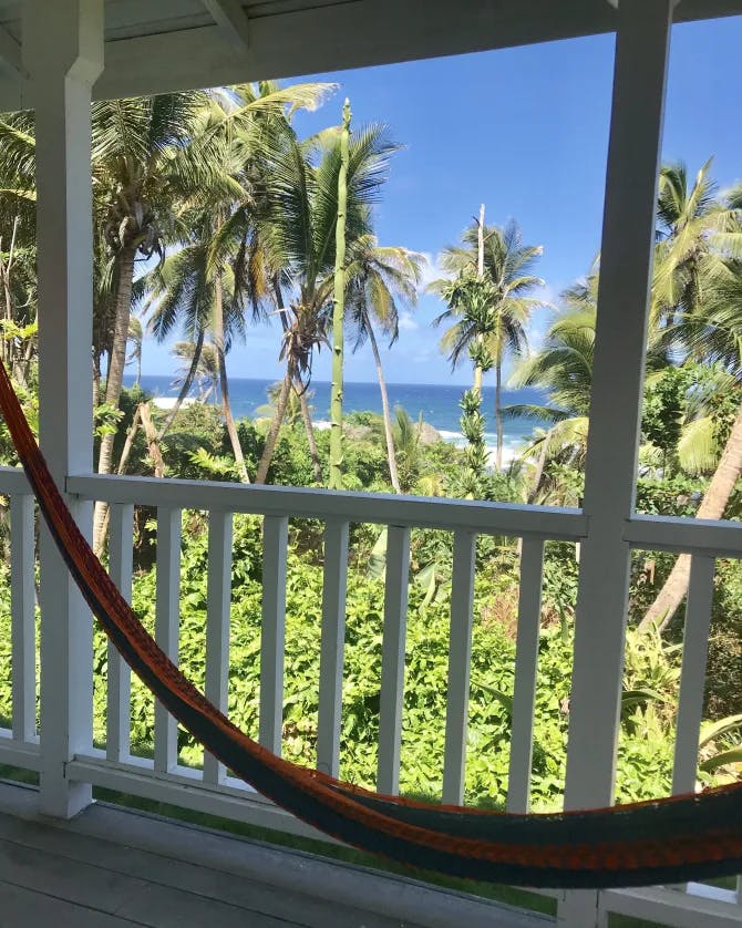 A hammock hung on a white wooden porch overlooking a jungle and the ocean. 