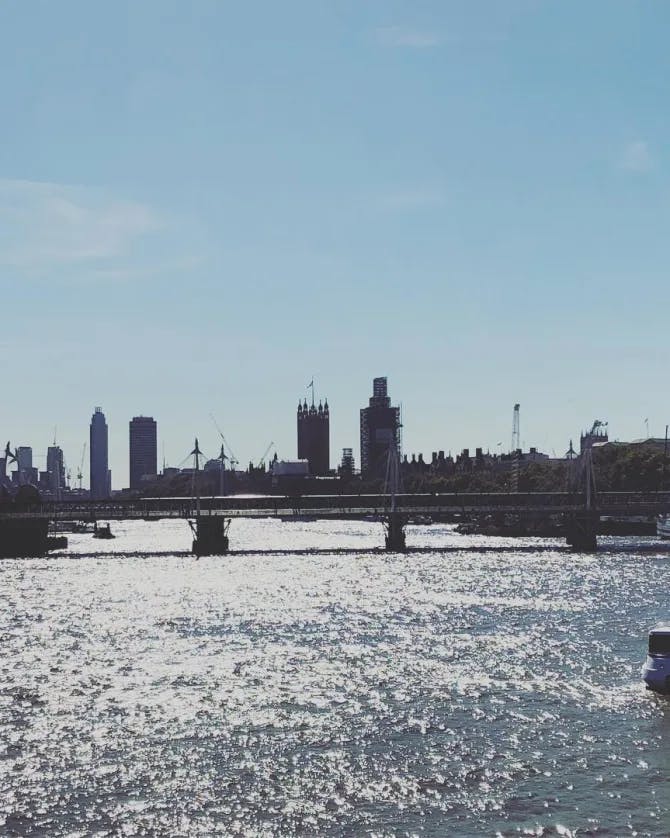 View of a bridge in London with tall buildings in view