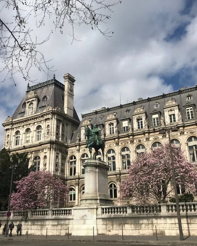 View of beautiful Hôtel de Ville with pink cherry blossom tree outside