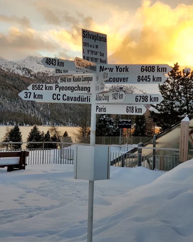 Travel destination sign in the snow