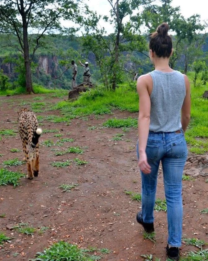 Picture of Meghan walking towars a cheetah