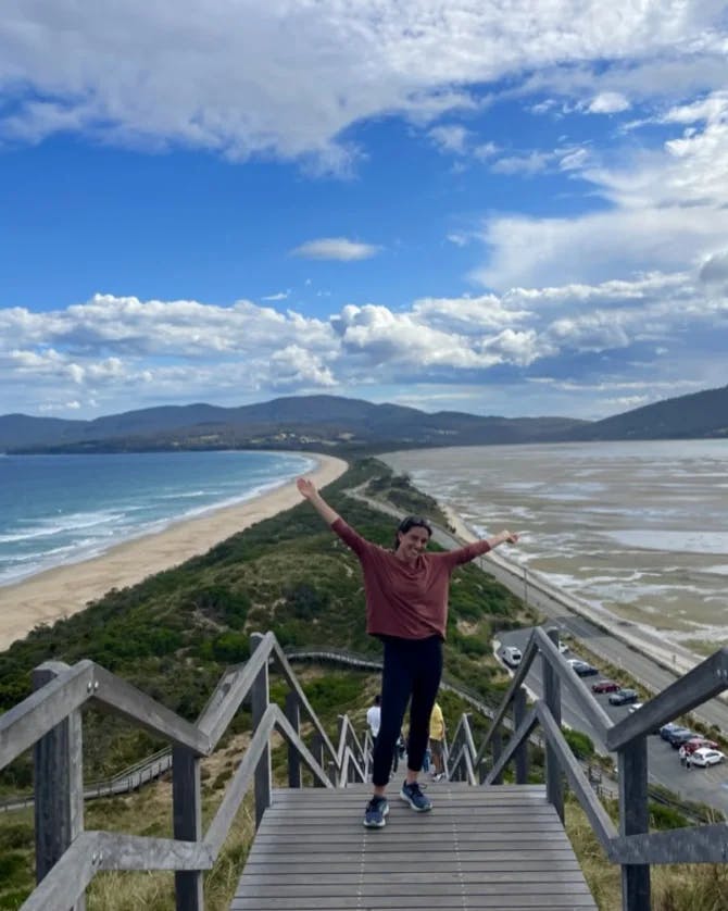 Posing for a picture on the Neck at Bruny Island