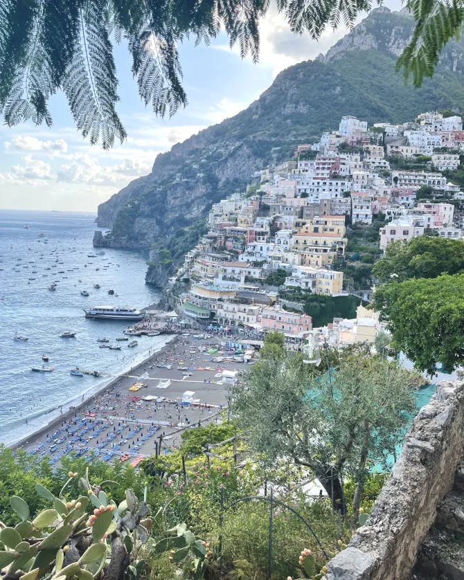 Beautiful view of Amalfi Coast with ocean and colorful buildings