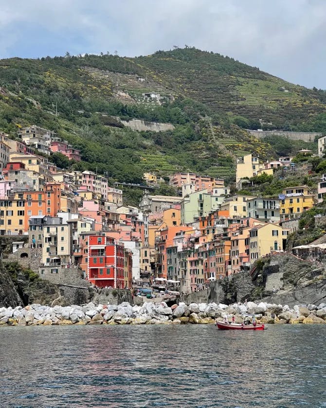 View of Manarola in Italy, with colorful houses on a hillside next to water.