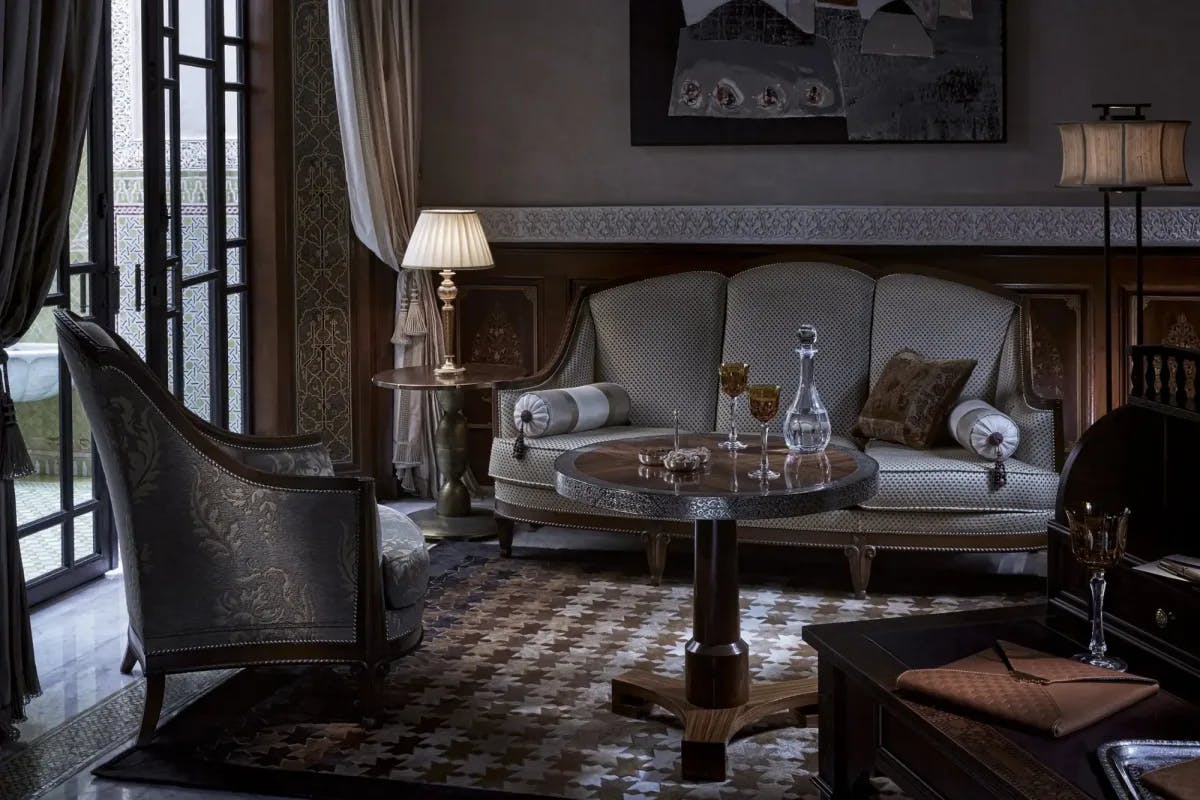 Elegant furnishings fill a Moroccan-style common space at Royal Mansour Marrakech