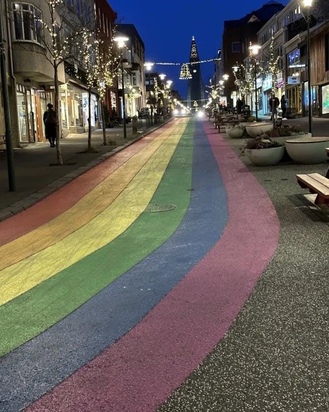 Colorful stripes painted onto the road