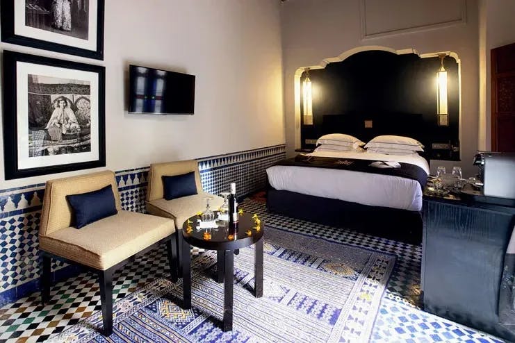 Striking Moroccan decor fills a lavish, if homey suite at Palais AMANI, Fes