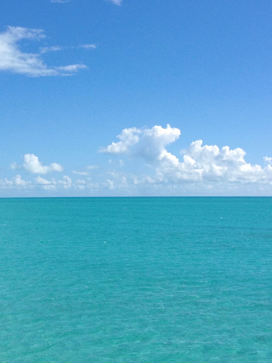 A calm blue sea and blue sky with puffy clouds